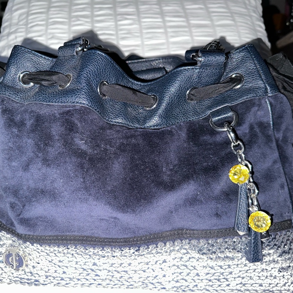 Navy Blue Suede Shoulder Bag with Slouchy Shape and Decorative Tassel